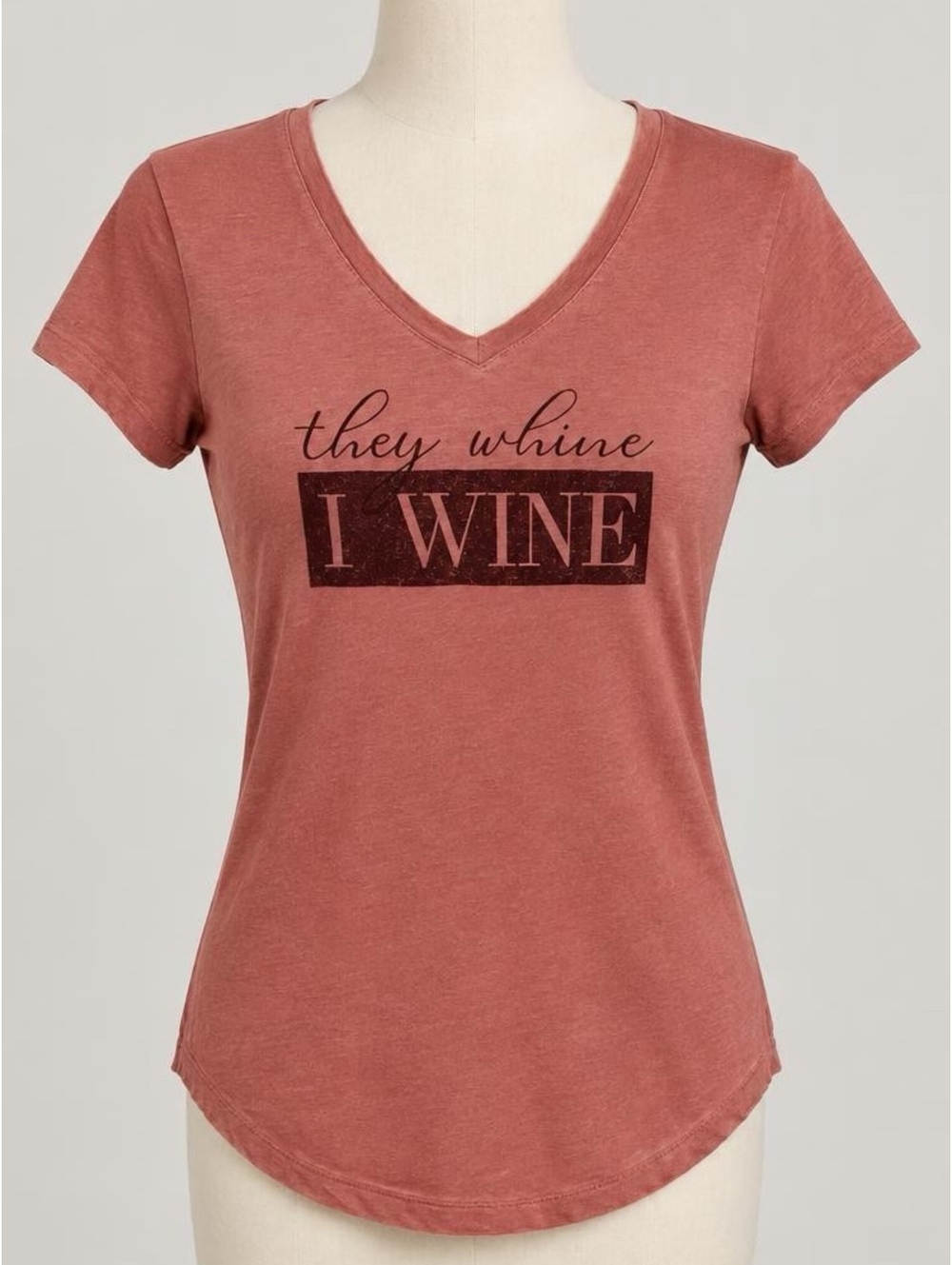 APT.9 Women's XS V-Neck Graphic T-Shirt Rust Pink 'They Whine I Wine'